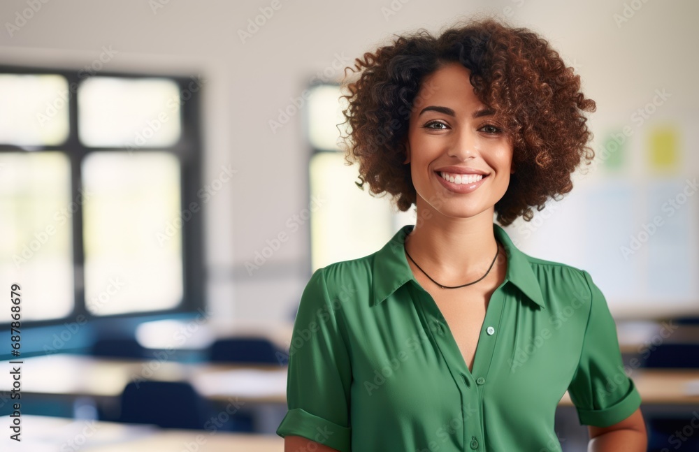 Portrait of black woman teacher with students learning in classroom ...