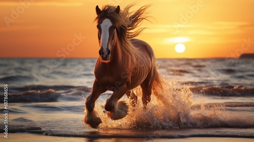 Running horse with streamed mane on sunset sandy beach