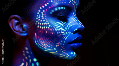 Close-up of beautiful woman's face with body painting,created with Generative AI tecnology.