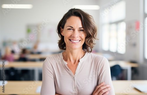 Portrait of smiling woman teacher in a class at elementary school looking at camera. Back to school concept.