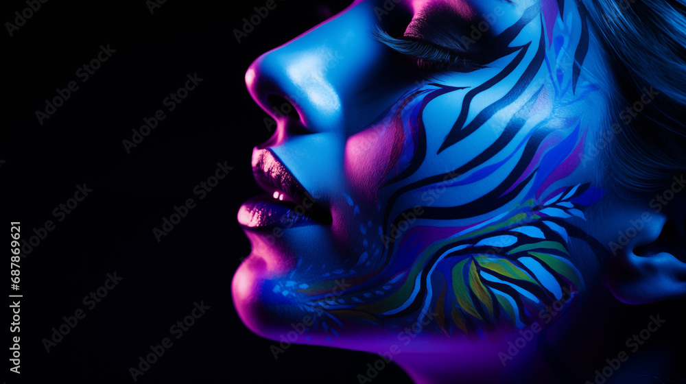 Close-up of beautiful woman's face with body painting,created with Generative AI tecnology.