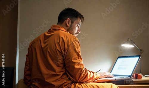 Fotografia side view of a prisoner in orange clothes sitting in jail with laptop, generativ