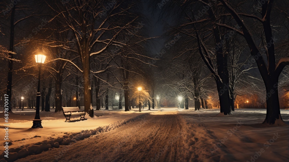 Illuminated Cityscape with Snow-Covered street  and Trees on a Chilly Winter Evening  with snow falling generated by AI tool 