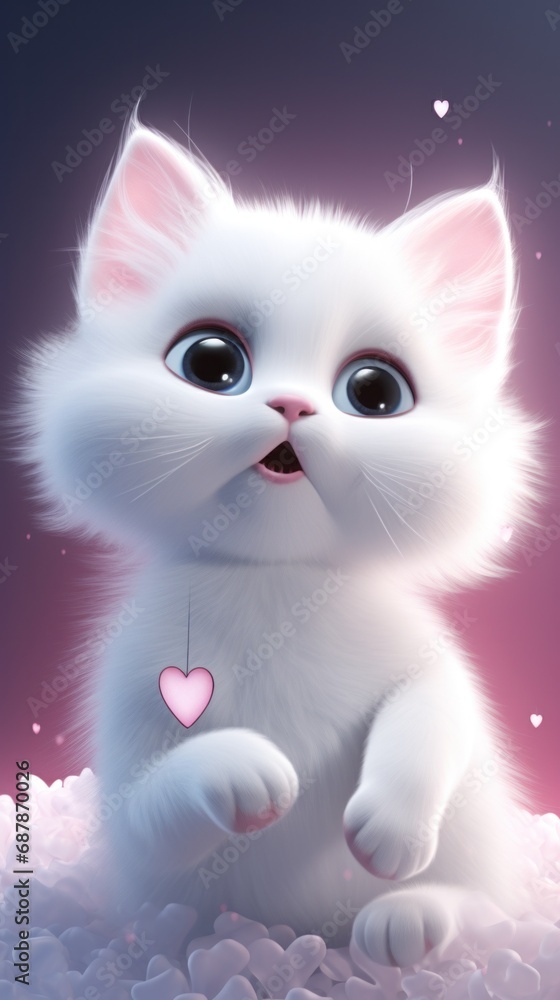 A white cat with a heart in its mouth