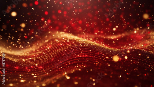 Sfondo digitale astratto con particelle e luci colorate di rosso e oro