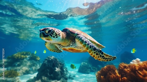 Sea turtles swims underwater. Underwater sea turtles. Sea turtles underwater scene. Sea turtle underwater closeup © Faisal Ai