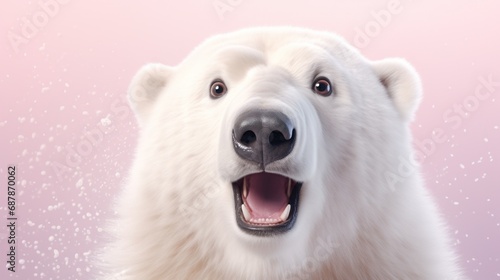 A close up of a polar bear with its mouth open