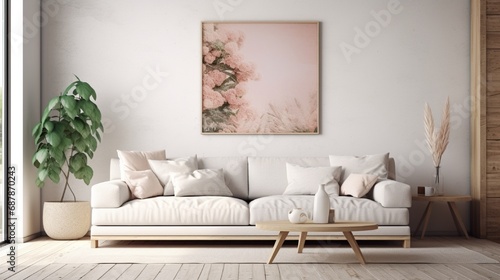 Luxury Living Room with Comfortable Furniture and and empty photo frame on wall generated by AI tool  © Aqsa