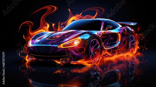 Car with airbrushing and neon lights on a dark background photo