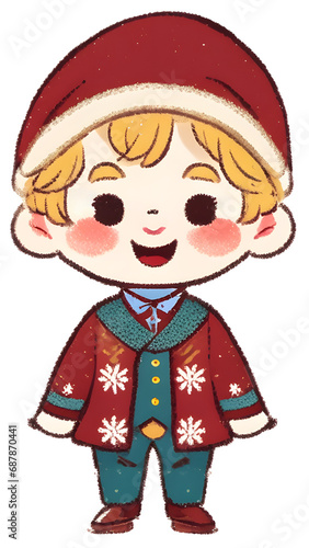 cute boy with blond hair, in Christmas winter clothes