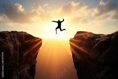 courage man jump through gap hill business concept