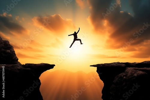 courage man jump through gap hill business concept photo
