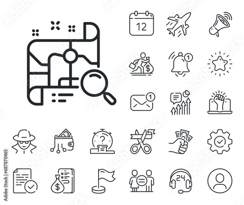 Fototapeta Naklejka Na Ścianę i Meble -  Find location address sign. Salaryman, gender equality and alert bell outline icons. Search map line icon. Search map line sign. Spy or profile placeholder icon. Online support, strike. Vector