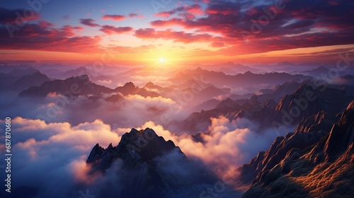 Tranquil Sunrise over Majestic Mountain Range with Dramatic Sky generated by AI tool © Aqsa
