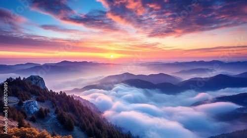 Tranquil Sunrise over Majestic Mountain Range with Dramatic Sky generated by AI tool