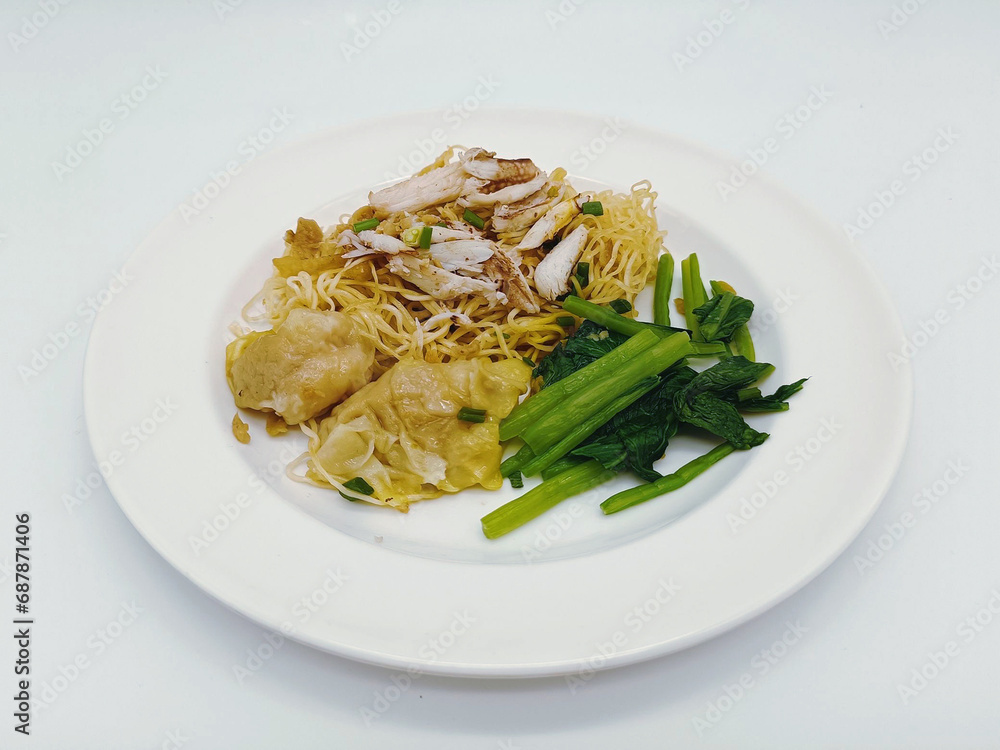 Red Pork Wonton Noodles with white background Red Pork Wonton Noodles with white background