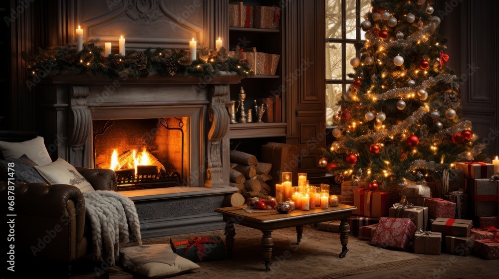 Christmas interior of a large cozy house with a Christmas tree and a fireplace, AI Christmas interior of a large cozy house with a Christmas tree and a fireplace, AI
