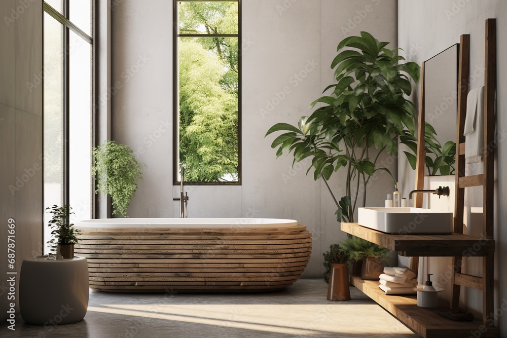 Modern bathroom with wooden large tub, mirror, sink and wooden floor. Created with Ai