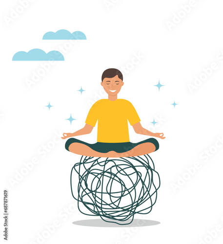 Control of emotions in a stressful situation. A calm man in a lotus position sits on changing chaotic lines. Stress management, meditation to reduce anxiety. Vector illustration.