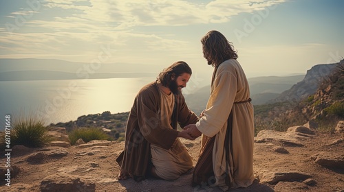 Holy faith and healing of the soul. Jesus blesses a believer kneeling before him. photo