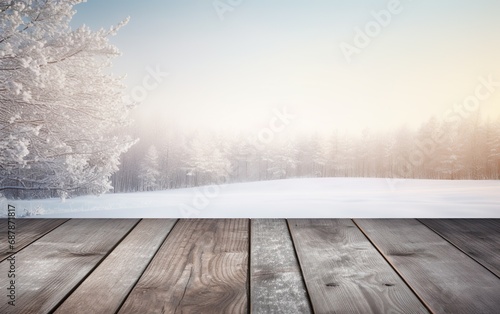 Winter theme background with empty wooden floor or table. Beautiful snowy forest landscape. © lanters_fla