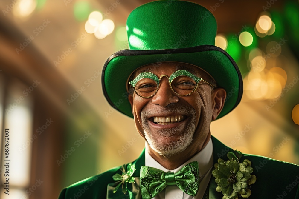 Portrait of a happy leprechaun with clover leaves. St. Patrick's Day. Portrait of a happy leprechaun with clover leaves. St. Patrick's Day.