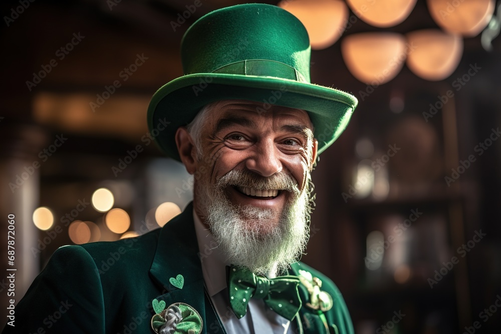 Portrait of a happy leprechaun with clover leaves. St. Patrick's Day. Portrait of a happy leprechaun with clover leaves. St. Patrick's Day.