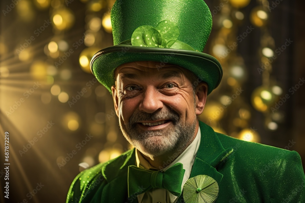 Portrait of a happy leprechaun with clover leaves. St. Patrick's Day. Portrait of a happy leprechaun with clover leaves. St. Patrick's Day.