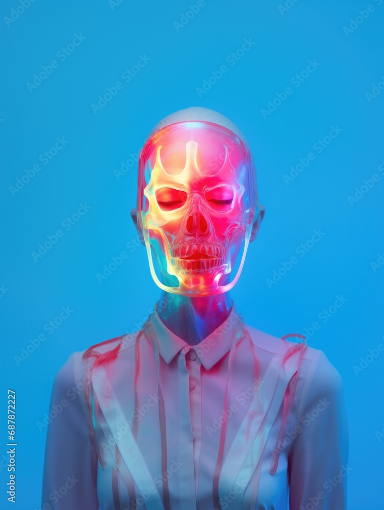 Woman with glowing neon skull translucent mask. Poison, death conceptual background. Ai generated image Woman with glowing neon skull translucent mask. Poison, death conceptual background. Ai generated image