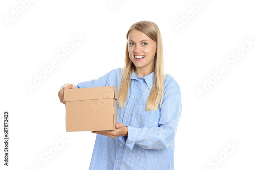 PNG,Attractive blonde with a cardboard box in her hands, isolated on white background © Atlas
