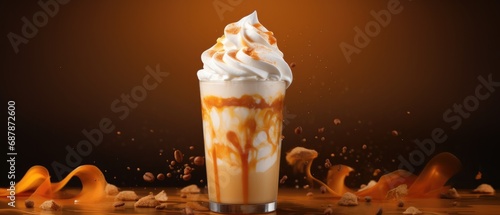 Caramel frappuccino with whipped cream on fire-themed backdrop. Creative food presentation. photo