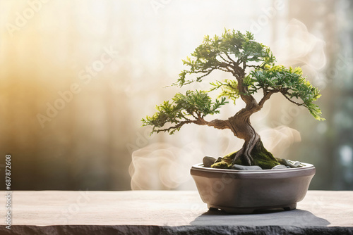 Bonsai tree close up on table on blurred background,