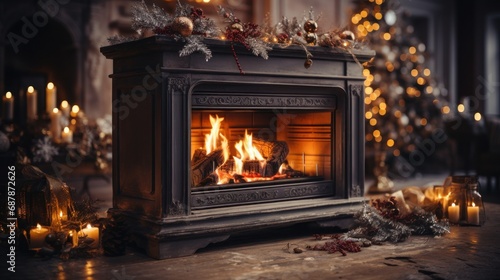 Christmas interior of a large cozy house with a Christmas tree and a fireplace, AI