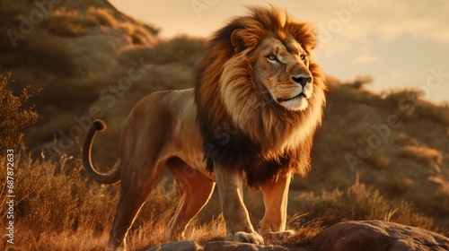 Single lion looking regal standing proudly on a small hill
