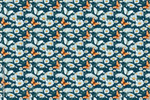 Seamless pattern with butterflies and fern floral, dark illustration