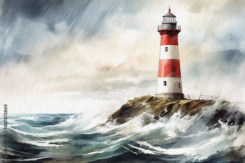 Lighthouse during a storm, seascape painted with watercolors on textured paper. Digital Watercolor Painting