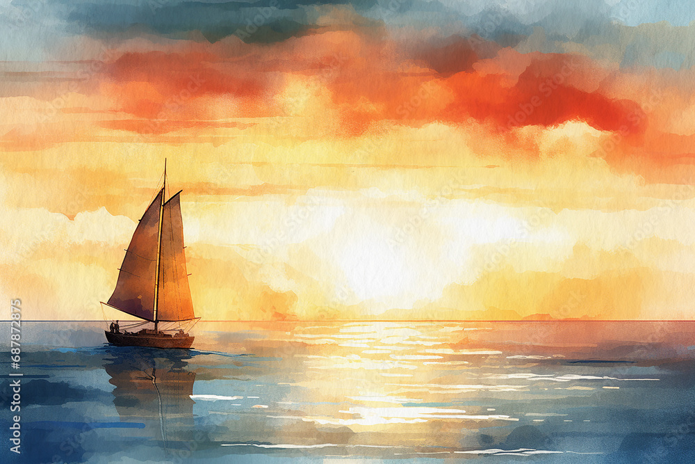 Sailboat sailing on the sea at sunset. Painted with watercolors, the texture of watercolor paper.