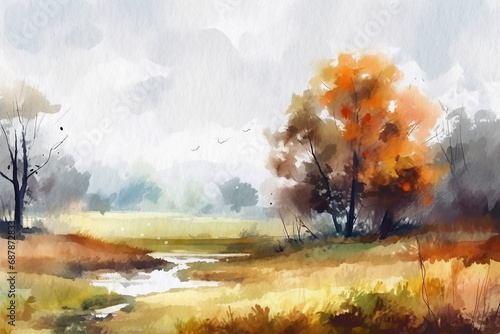 Autumn landscape painted with watercolors on textured paper. Digital Watercolor Painting