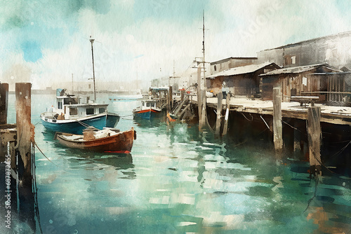Harbor, retro harbor with boats and pier, seascape painted with watercolors on textured paper. Digital Watercolor Painting