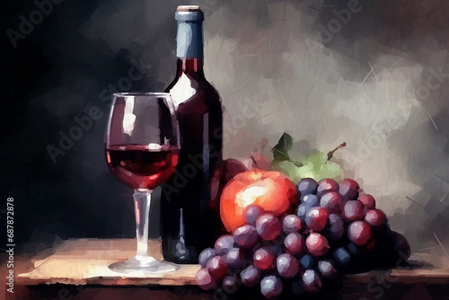 Bottle of red wine with glass and bunch of grapes, still life painted with watercolors on textured paper. Digital Watercolor Painting