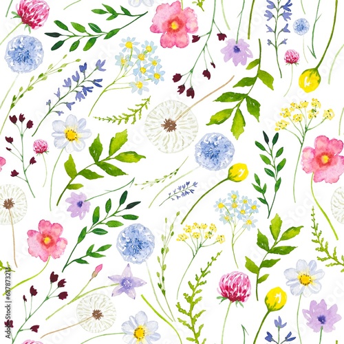 Seamless floral pattern with meadow flowers and leaves. Watercolor