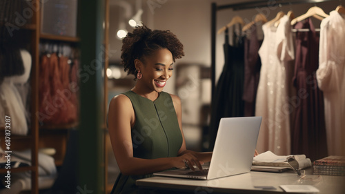 business woman smiles at her laptop in a dress shop
