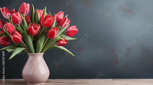 Bouquet of red tulips in glass vase on table on blue background. Free text space. Generative AI