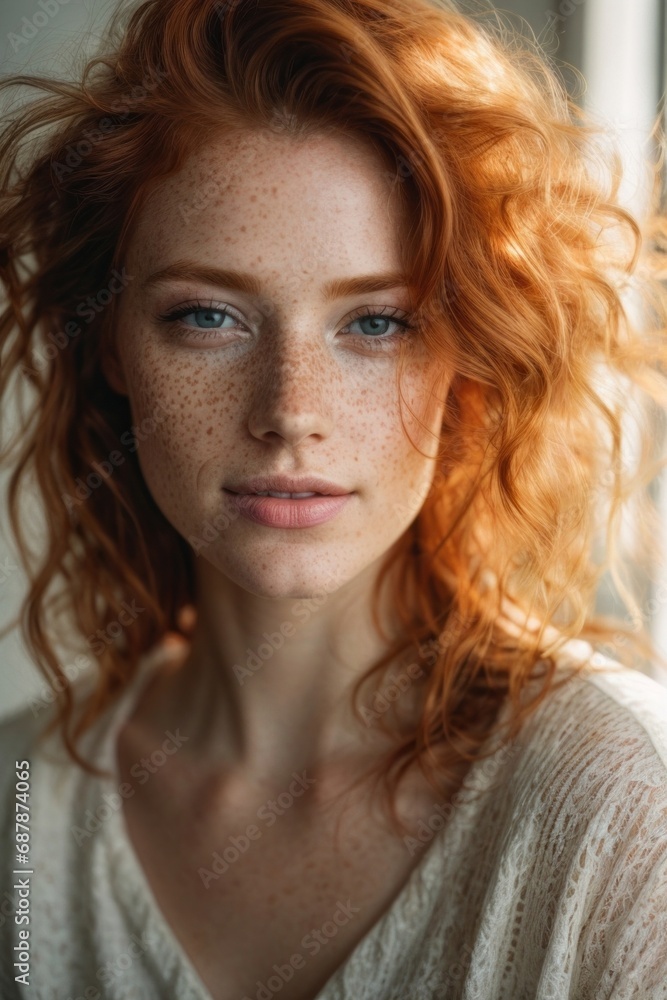 Close up of happy pretty redhead young woman with wavy hair and freckles on a bright interior. Close up of happy pretty redhead young woman with wavy hair and freckles on a bright interior.