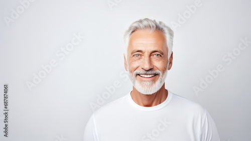 handsome old mature man smiling with clean teeth. for a dental ad isolated on white background photo