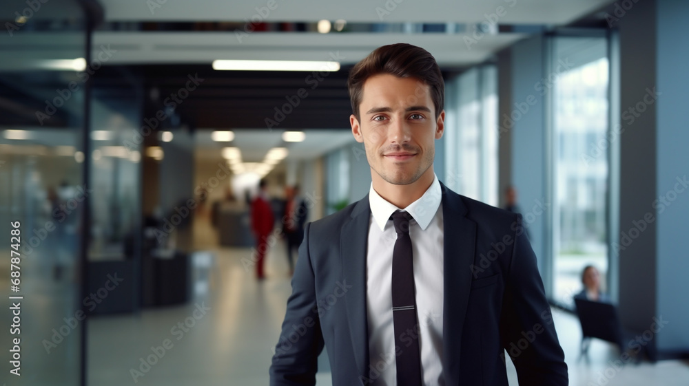 Portrait of happy businessman looks at camera on the office blurred background Portrait of happy businessman looks at camera on the office blurred background