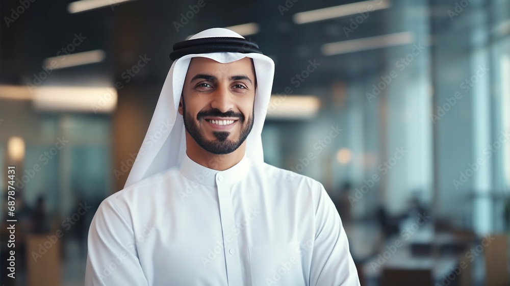 Obraz premium Portrait of happy Young Arab businessman looks in camera at office background.