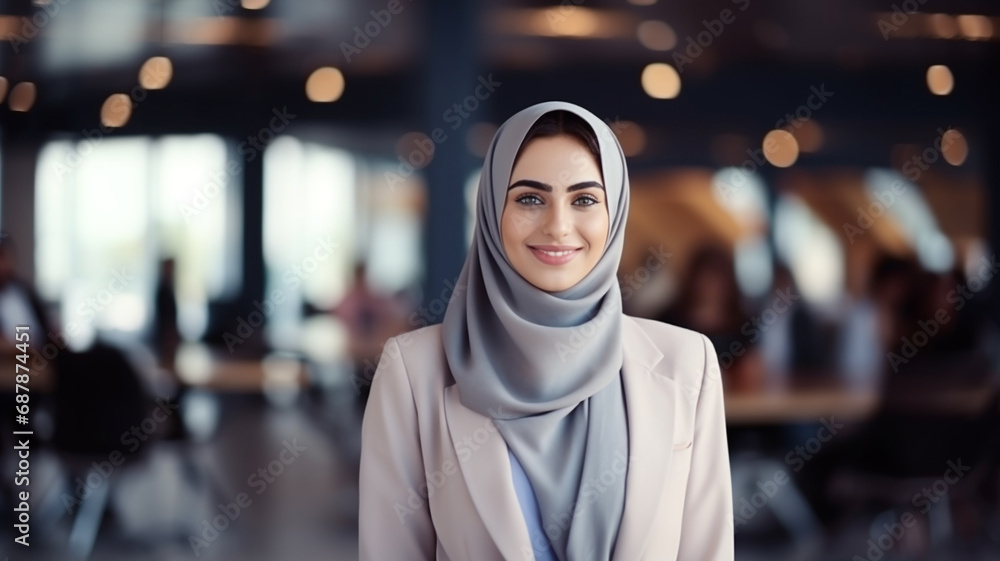Beautiful Arab business woman professional looks in camera at office background