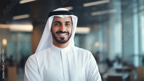Portrait of happy Young Arab businessman looks in camera at office background.