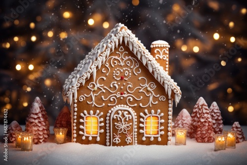 Traditional Christmas gingerbread house with icing on the background of garlands of lights